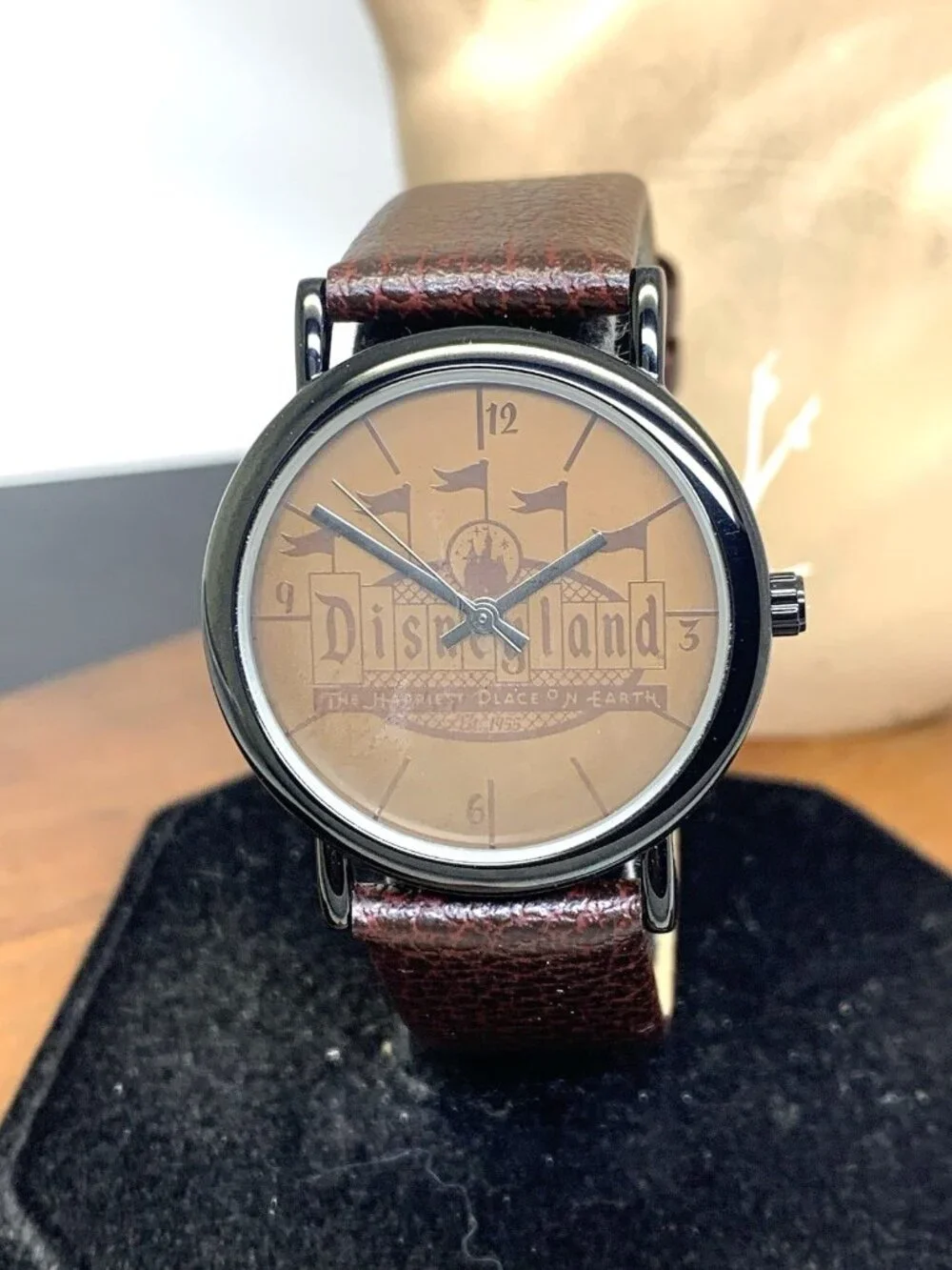 Disney Time Works Disneyland Unisex Watch Black Quartz Brown Leather Strap 34mm